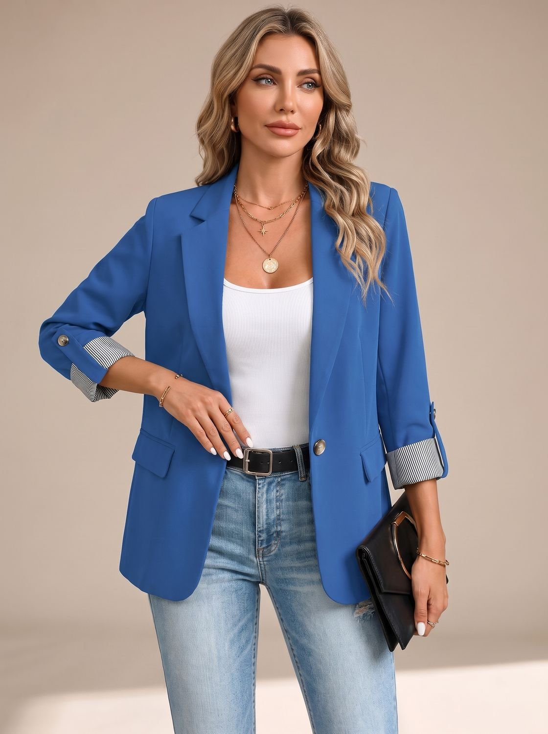 Women's Striped-Cuff Rollable Sleeve Soft-Tailored Blazer