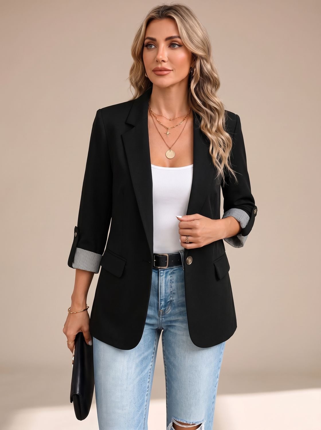Women's Striped-Cuff Rollable Sleeve Soft-Tailored Blazer