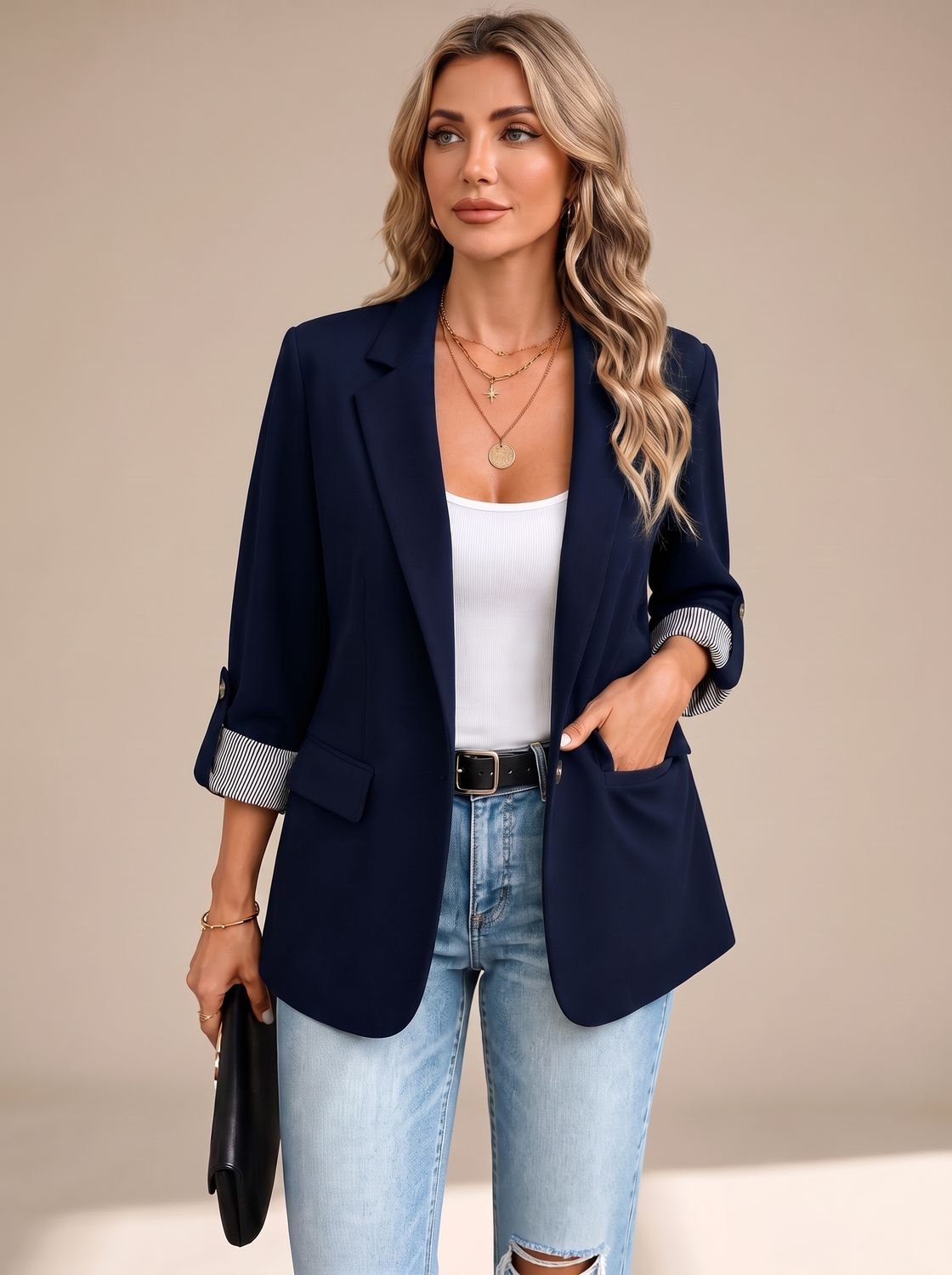 Women's Striped-Cuff Rollable Sleeve Soft-Tailored Blazer