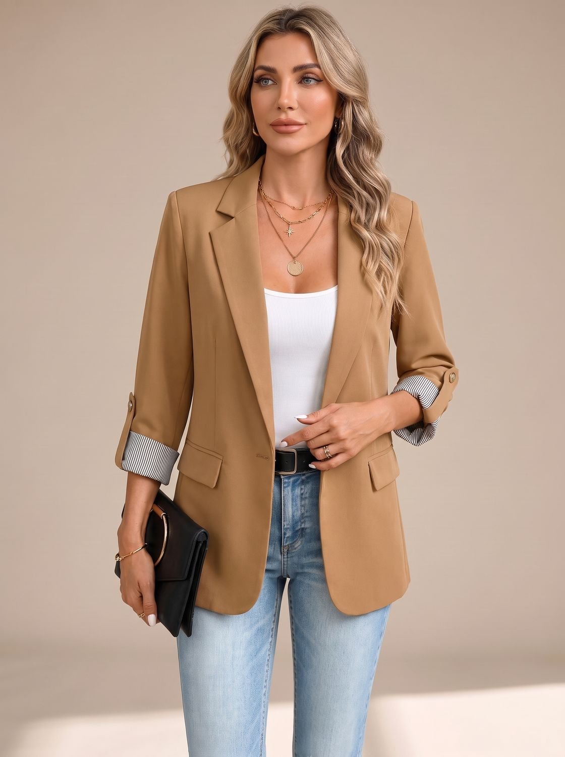 Women's Striped-Cuff Rollable Sleeve Soft-Tailored Blazer