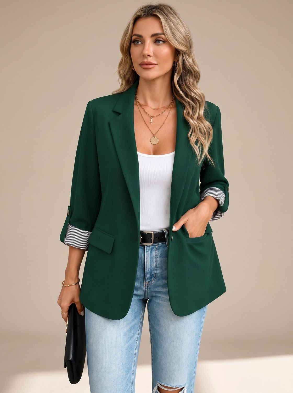 Women's Striped-Cuff Rollable Sleeve Soft-Tailored Blazer