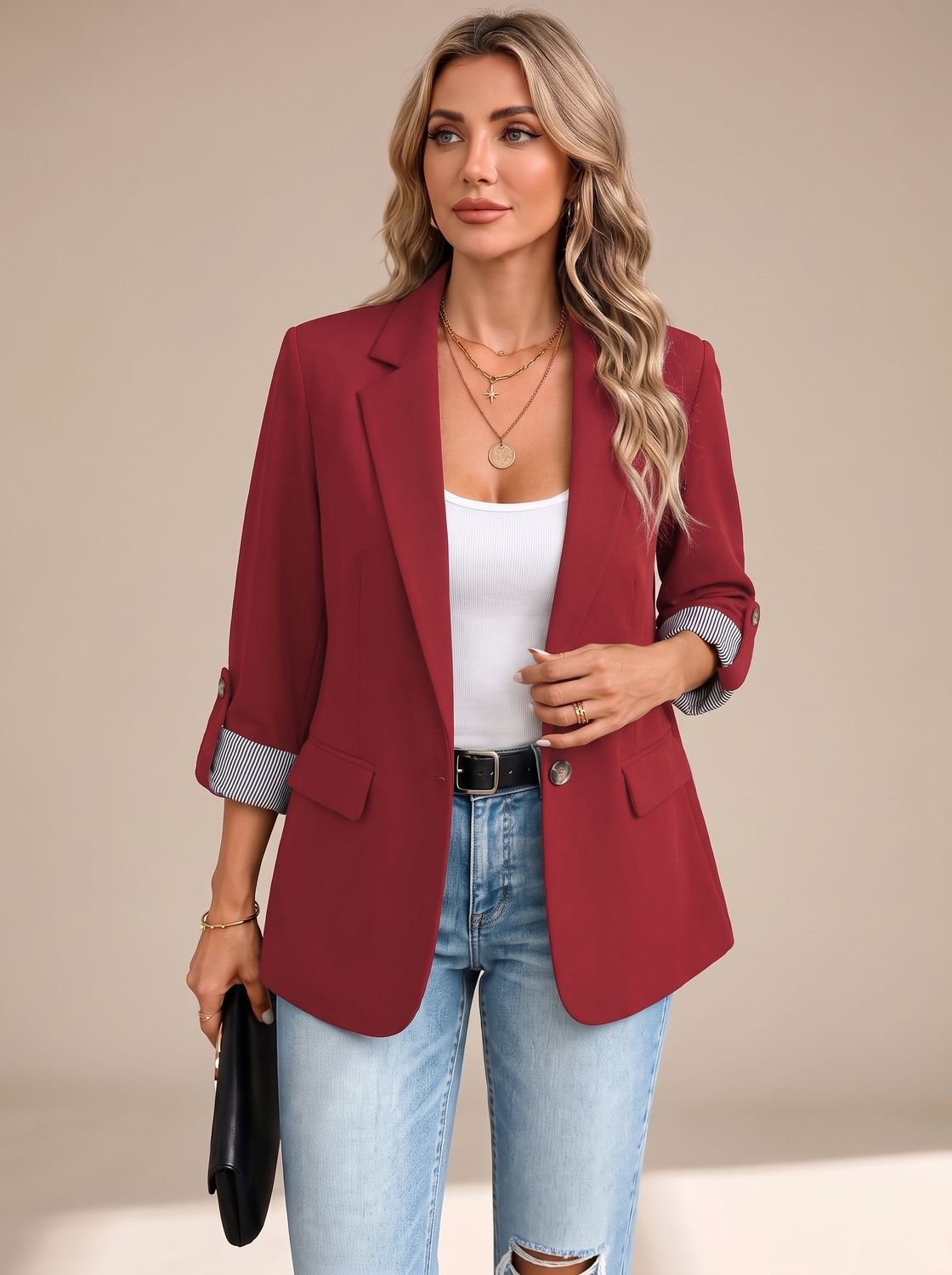 Women's Striped-Cuff Rollable Sleeve Soft-Tailored Blazer