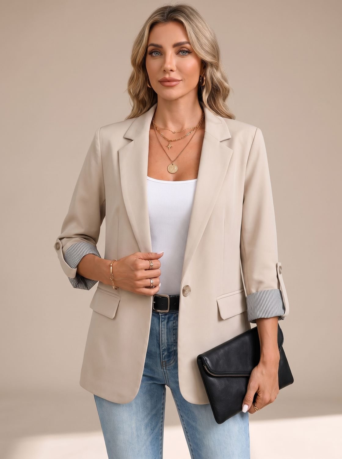 Women's Striped-Cuff Rollable Sleeve Soft-Tailored Blazer