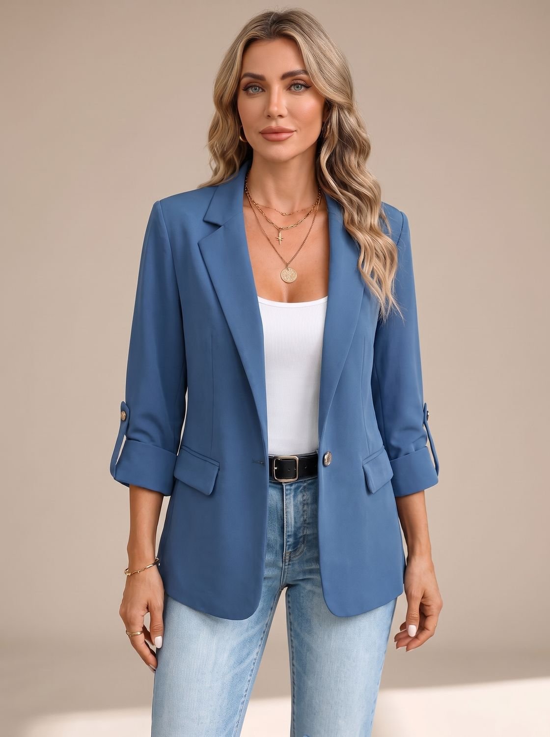 Women's Striped-Cuff Rollable Sleeve Soft-Tailored Blazer