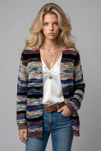 Women's Striped Long-Sleeve Open-Front Cardigan
