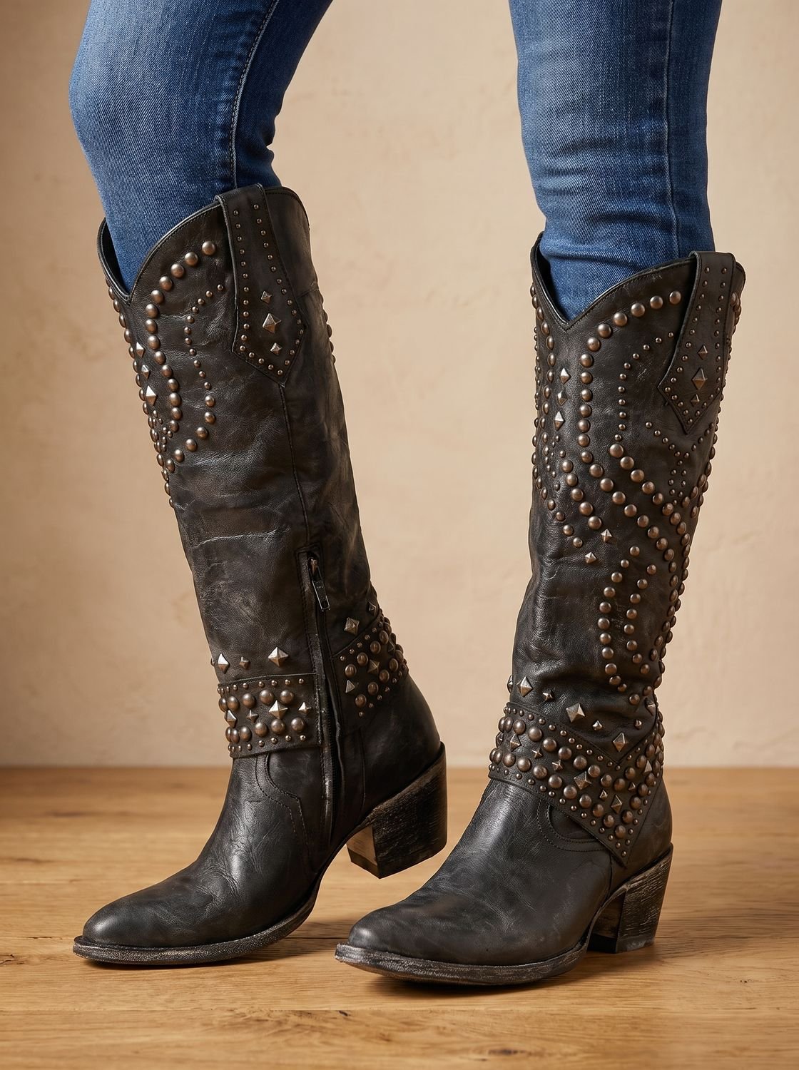 Women's Studded Pointed-Toe Knee-High Orthopedic Cowboy Boots