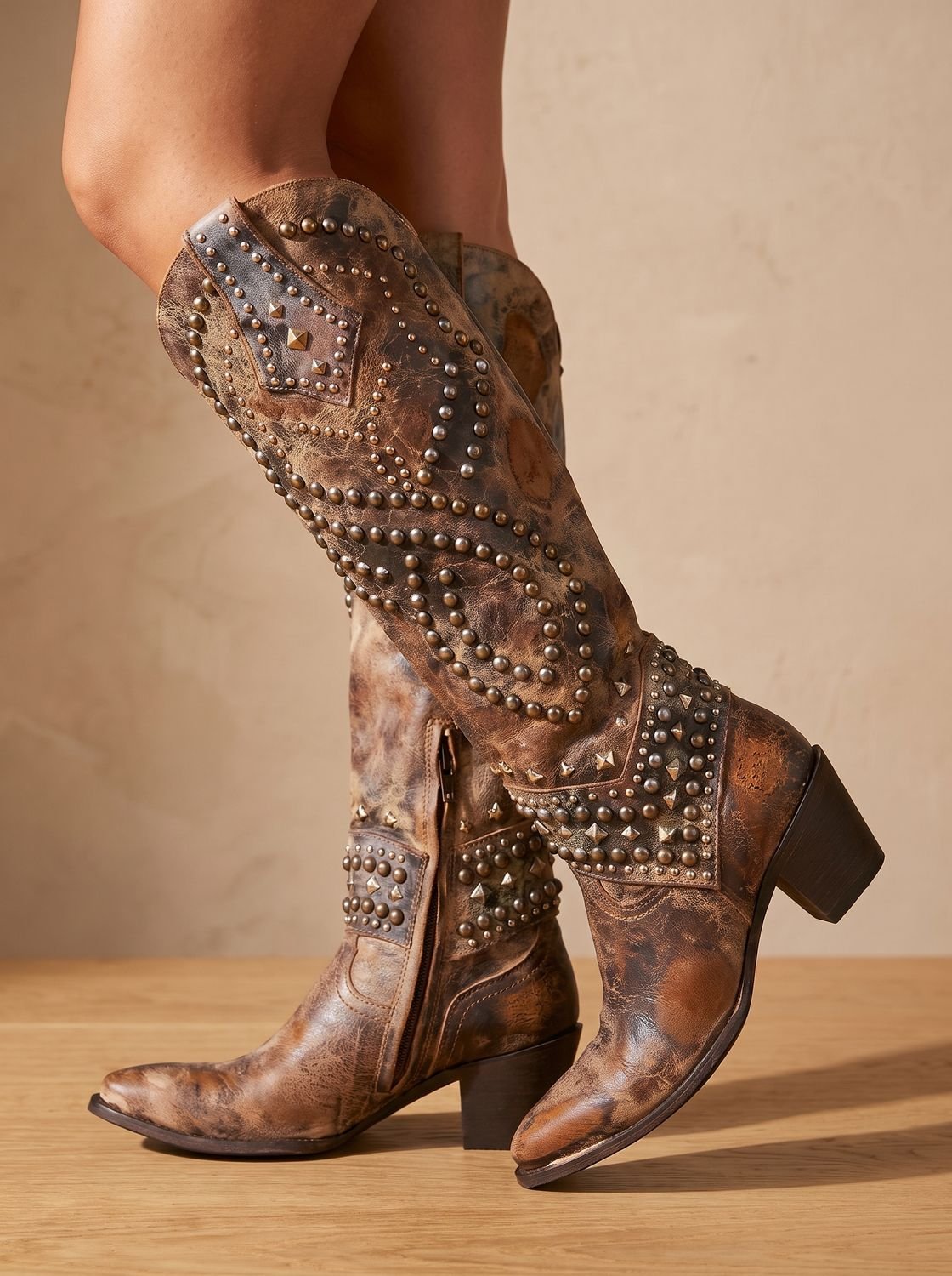Women's Studded Pointed-Toe Knee-High Orthopedic Cowboy Boots