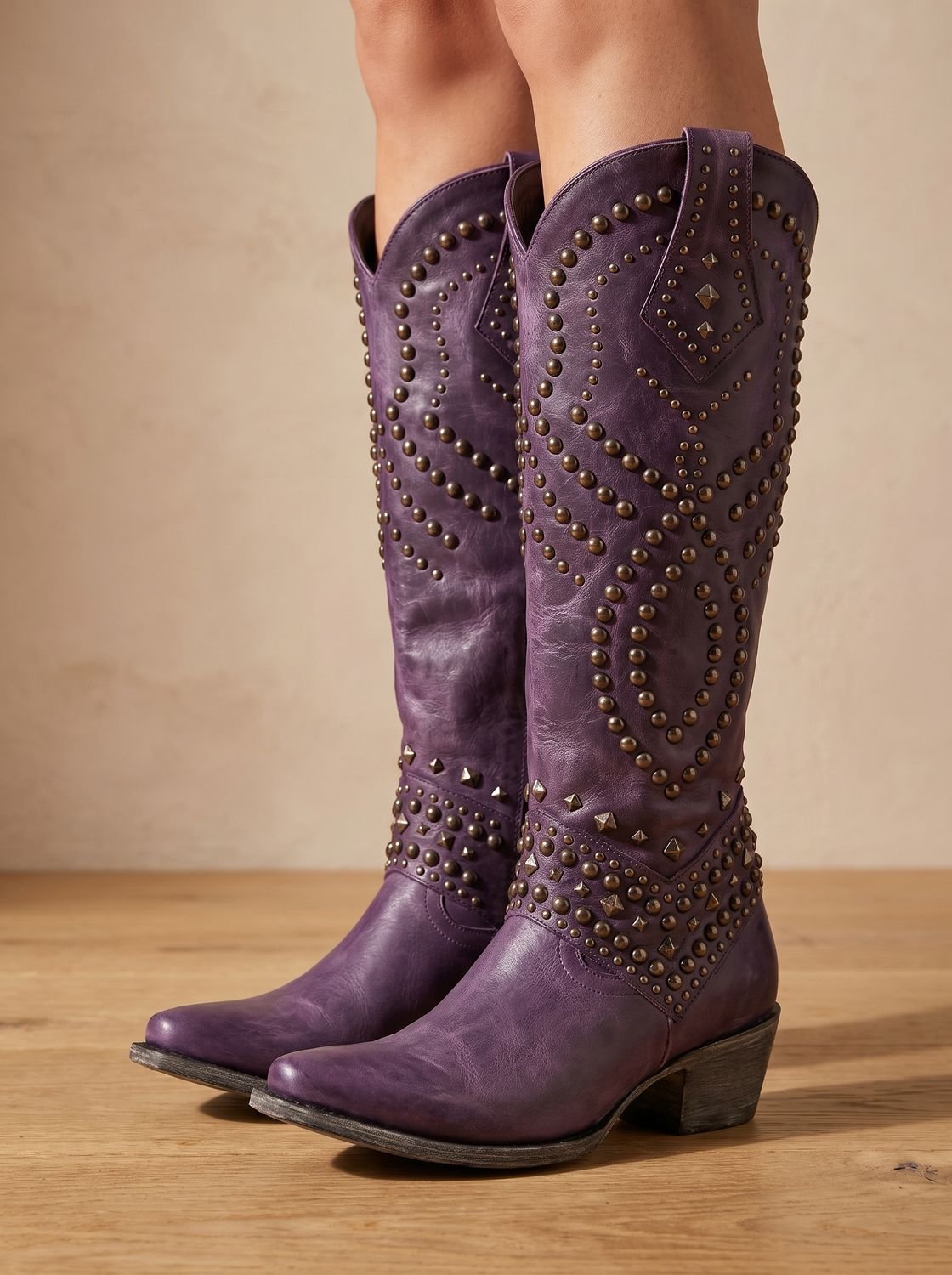 Women's Studded Pointed-Toe Knee-High Orthopedic Cowboy Boots