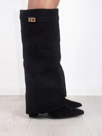 Women's Suede Fold-Over Knee-High Boots with Gold Clasp