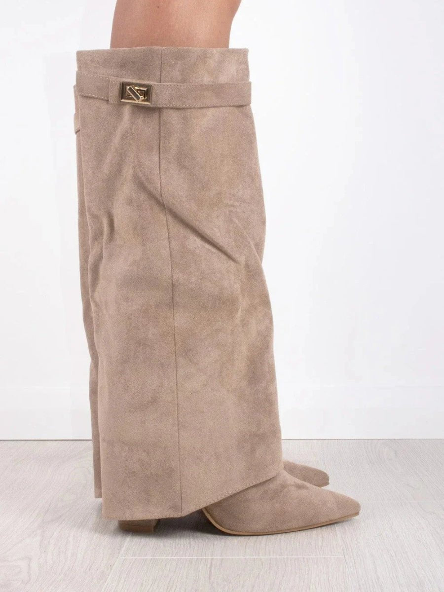 Women's Suede Fold-Over Knee-High Boots with Gold Clasp