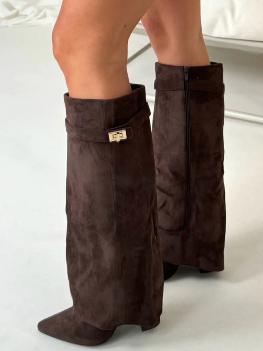 Women's Suede Fold-Over Knee-High Boots with Gold Clasp