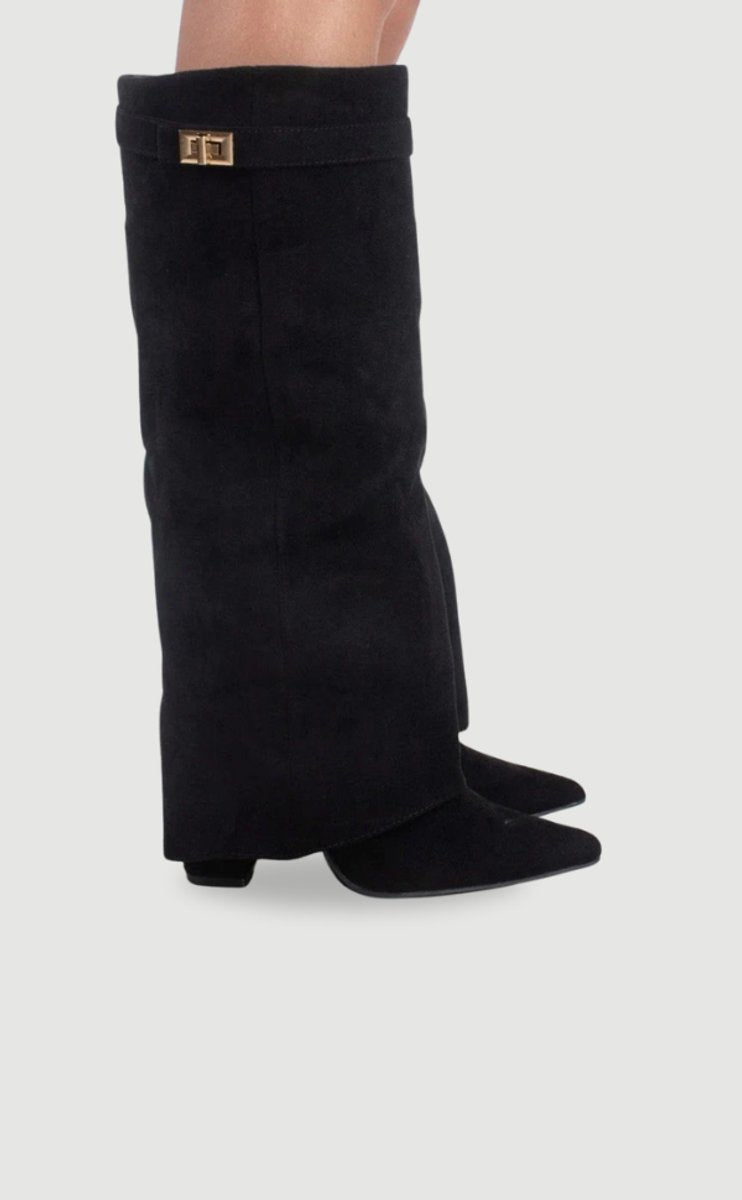 Women's Suede Fold-Over Knee-High Boots with Gold Clasp