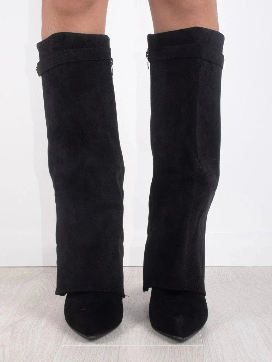 Women's Suede Fold-Over Knee-High Boots with Gold Clasp