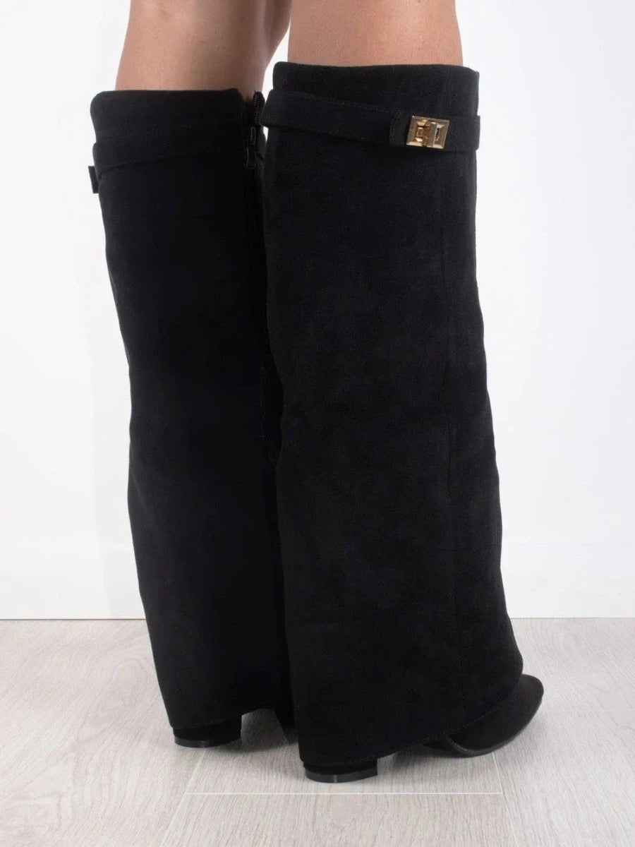 Women's Suede Fold-Over Knee-High Boots with Gold Clasp