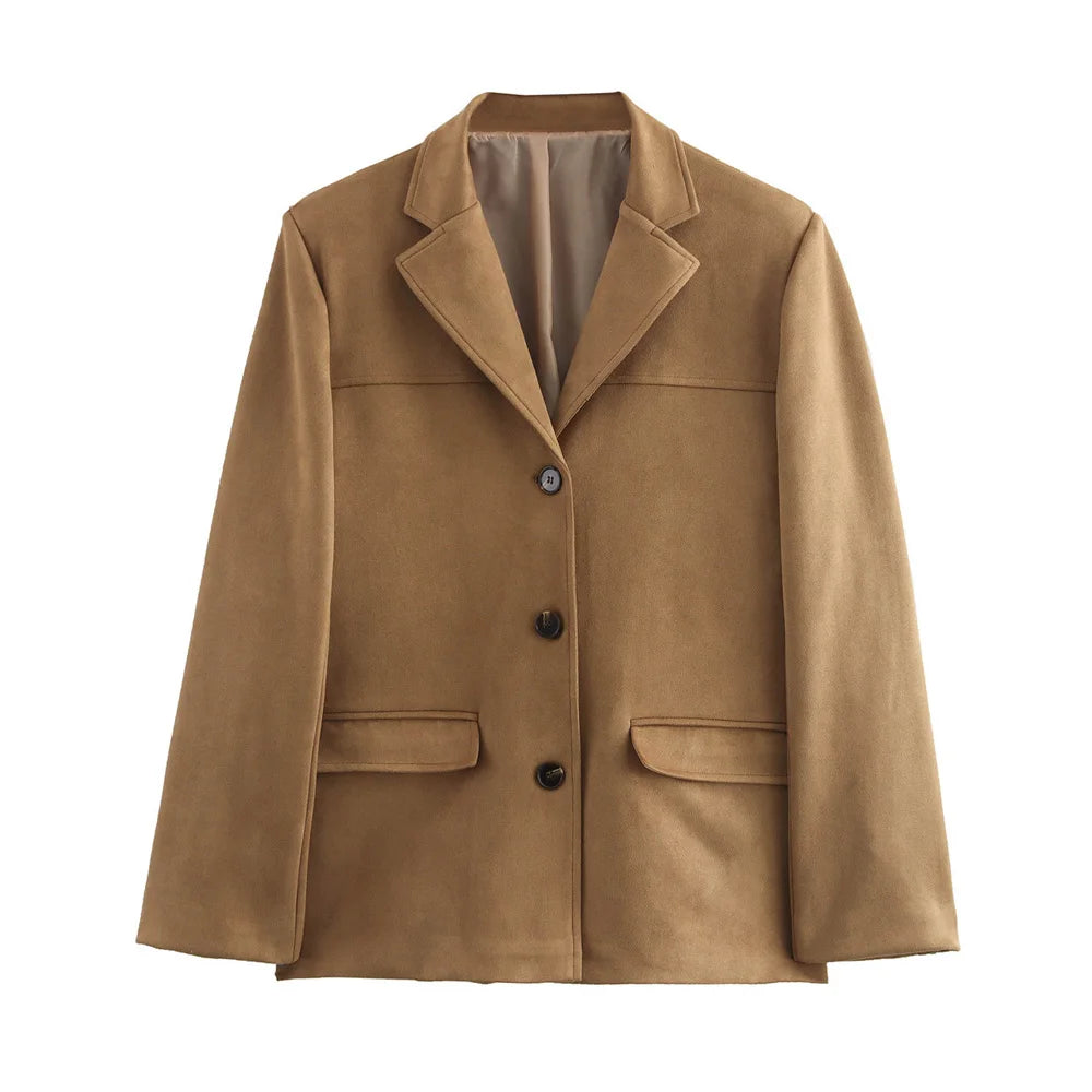 Women's Suede-Look Tailored Blazer with Button Front, Notched Collar, and Flap Pockets