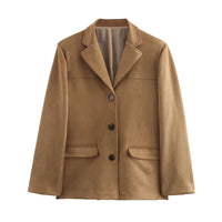 Women's Suede-Look Tailored Blazer with Button Front, Notched Collar, and Flap Pockets