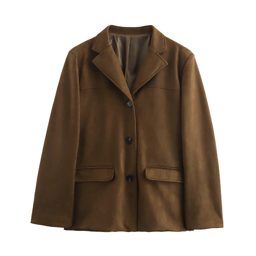 Women's Suede-Look Tailored Blazer with Button Front, Notched Collar, and Flap Pockets