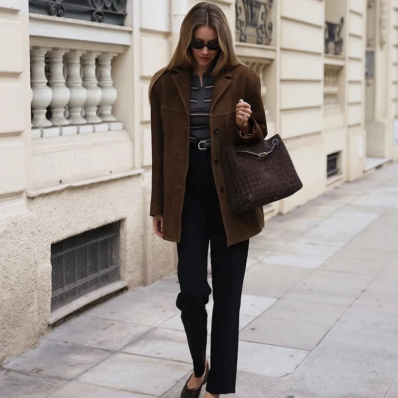 Women's Suede-Look Tailored Blazer with Button Front, Notched Collar, and Flap Pockets
