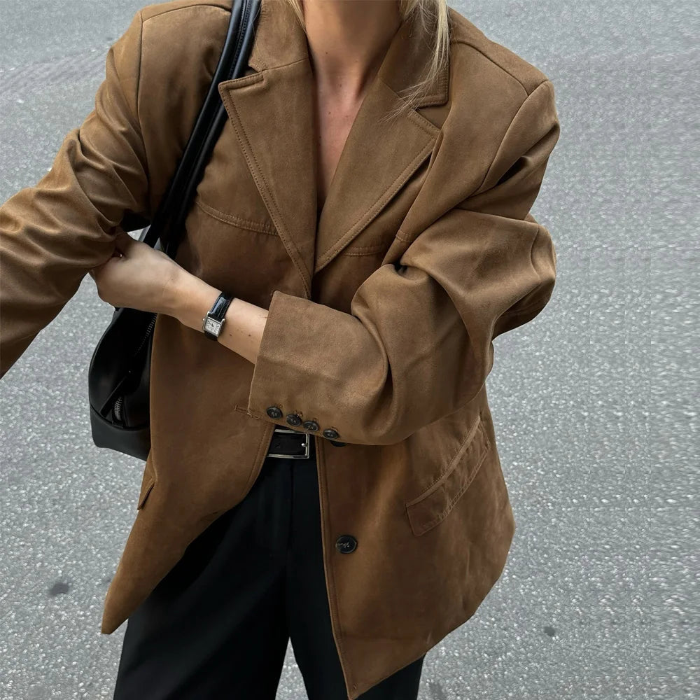 Women's Suede-Look Tailored Blazer with Button Front, Notched Collar, and Flap Pockets