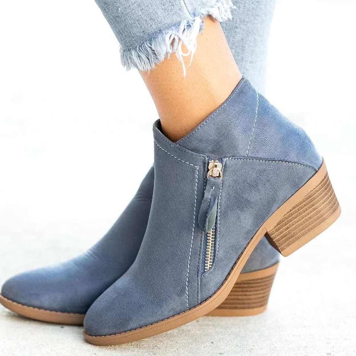 Women's Suede Pointed-Toe Side-Zip Low-Heel Boots