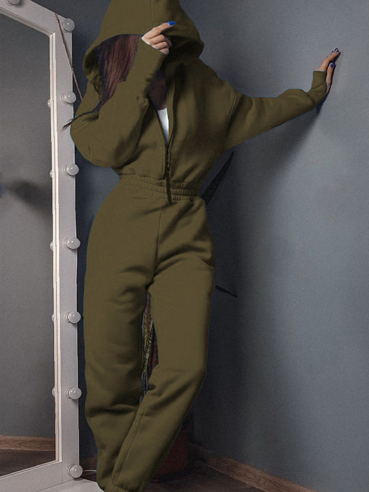 Women's Tailored Hooded Sweat Jumpsuit with Zipper and Elastic Waistband