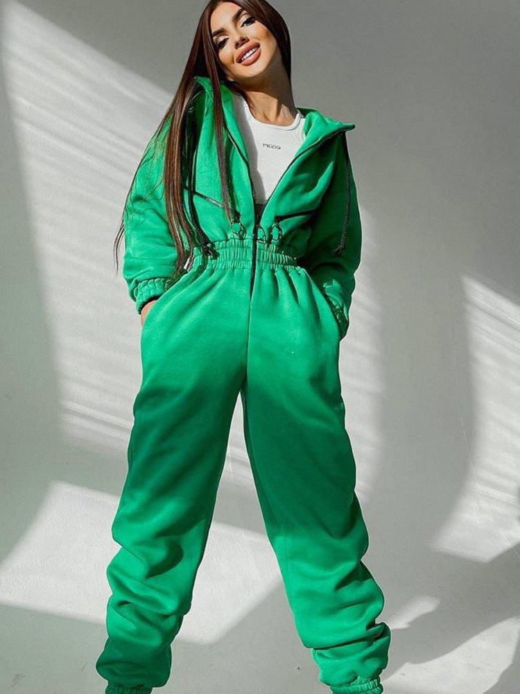 Women's Tailored Hooded Sweat Jumpsuit with Zipper and Elastic Waistband