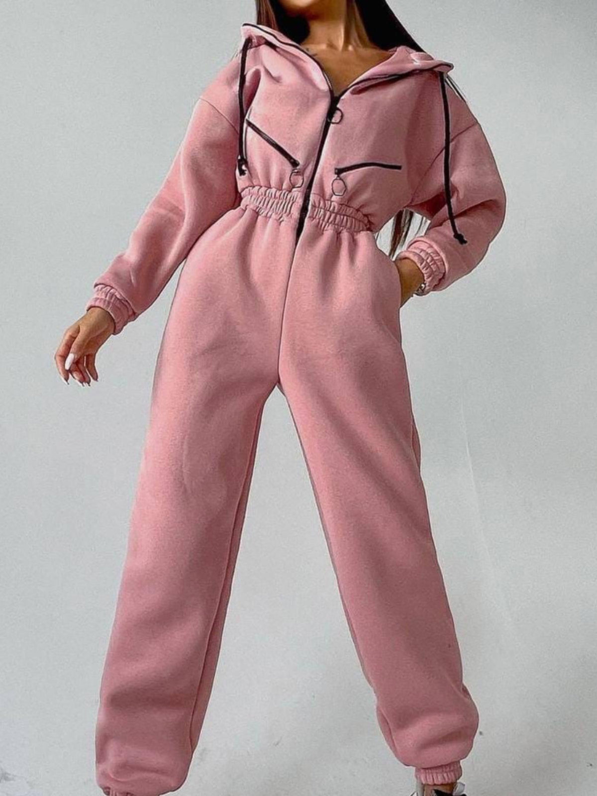 Women's Tailored Hooded Sweat Jumpsuit with Zipper and Elastic Waistband