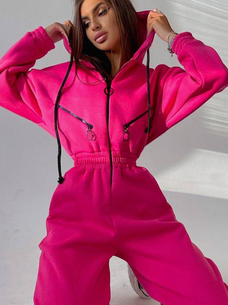 Women's Tailored Hooded Sweat Jumpsuit with Zipper and Elastic Waistband