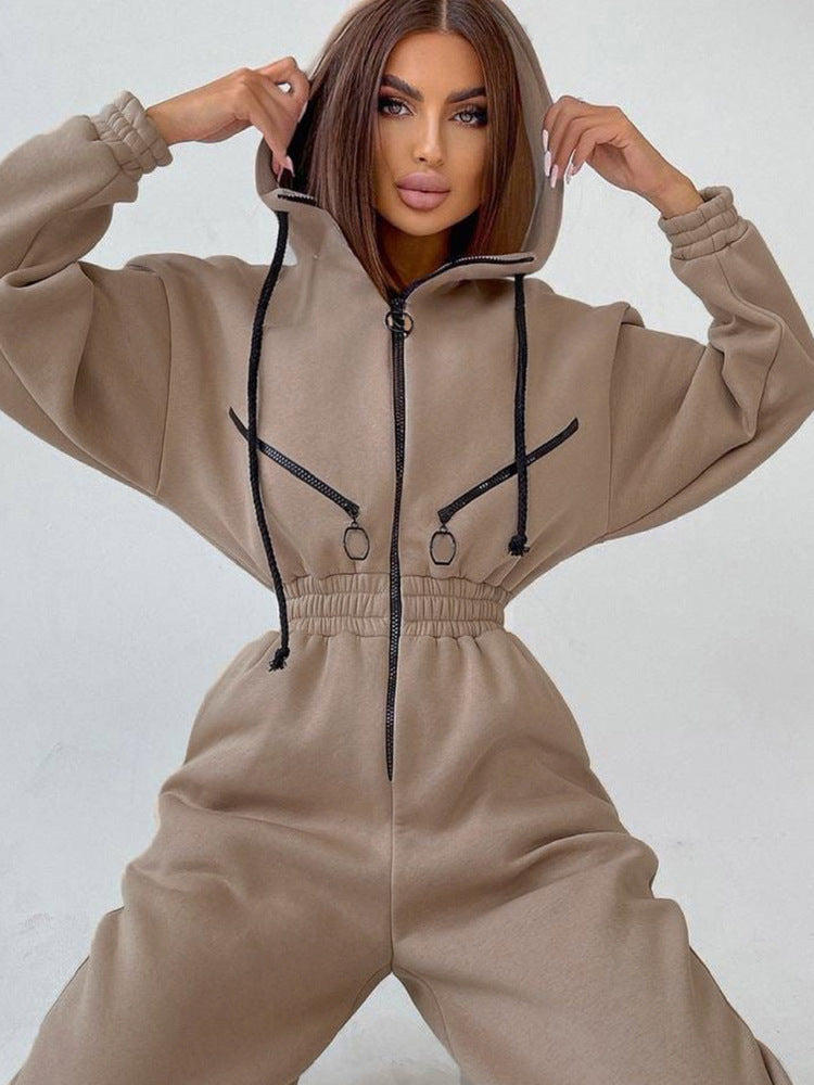 Women's Tailored Hooded Sweat Jumpsuit with Zipper and Elastic Waistband