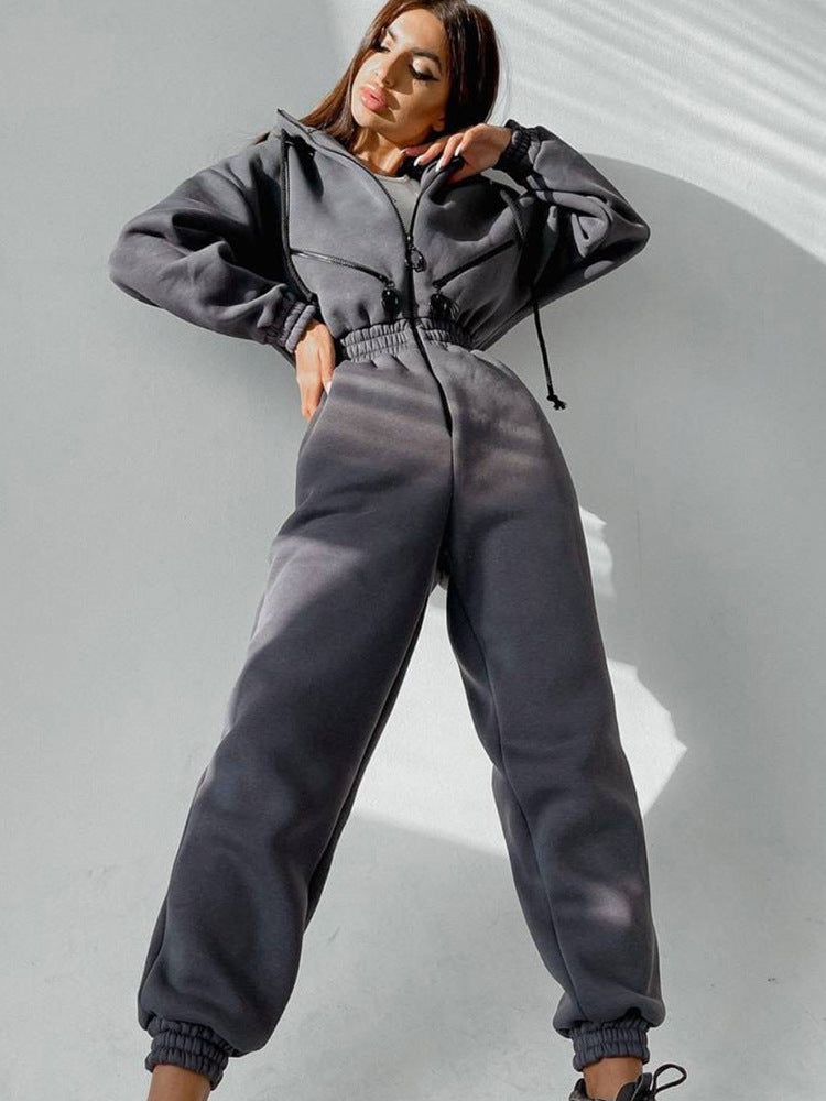 Women's Tailored Hooded Sweat Jumpsuit with Zipper and Elastic Waistband