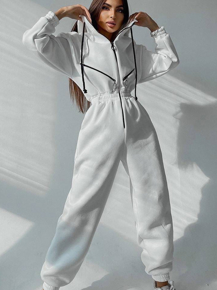 Women's Tailored Hooded Sweat Jumpsuit with Zipper and Elastic Waistband