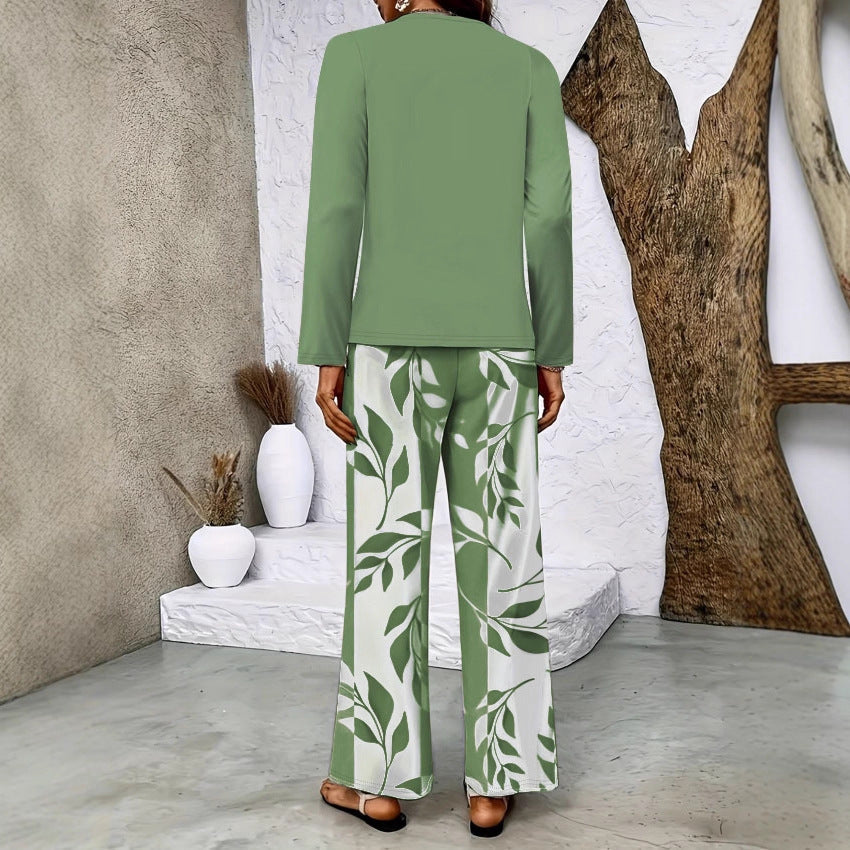 Women's Two-Piece Lounge Set with Overlapping Long-Sleeve Top and Wide-Leg Palazzo Pants