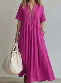 Women's V-Neck Pintuck Pleated Flowy Maxi Dress