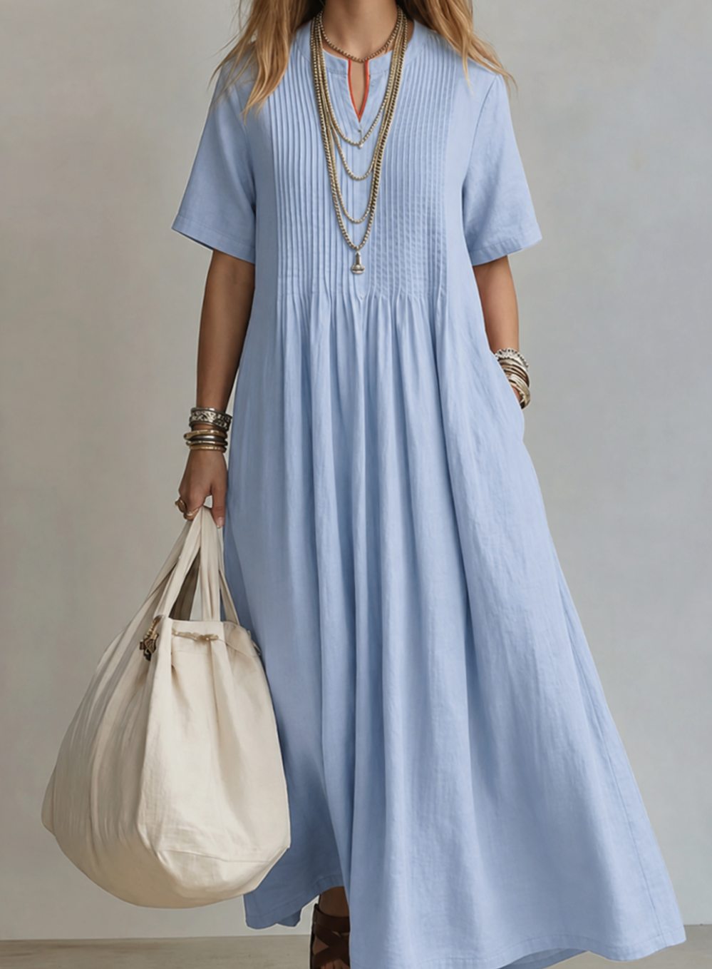 Women's V-Neck Pintuck Pleated Flowy Maxi Dress