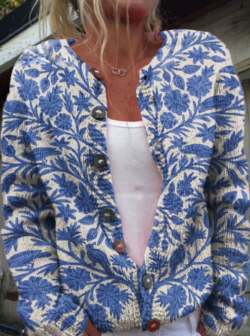 Women's Vintage Floral Relaxed Button-Front Knit Cardigan Sweater