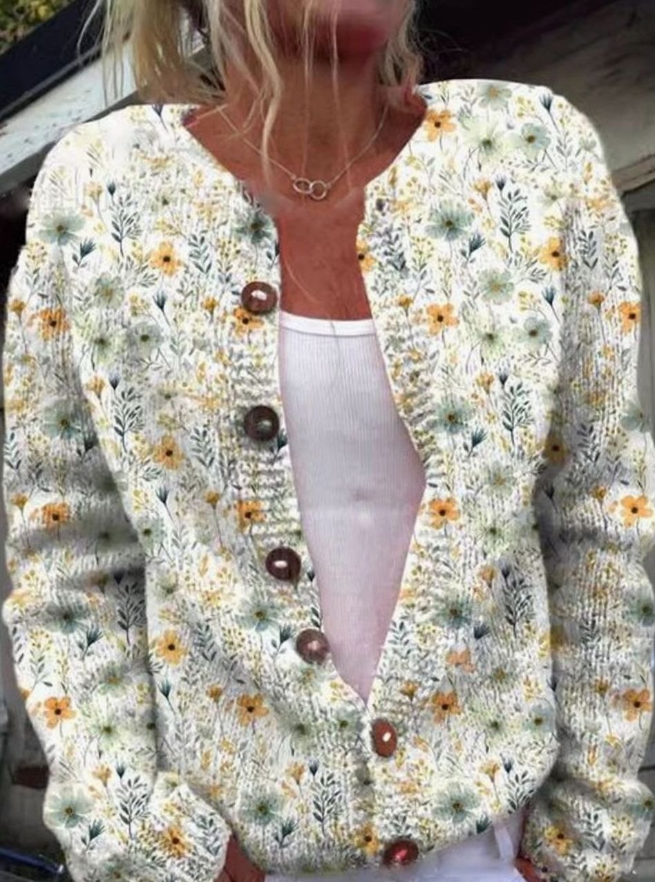 Women's Vintage Floral Relaxed Button-Front Knit Cardigan Sweater