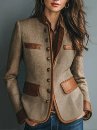 Women's Vintage Herringbone Tweed Jacket with Leather Details