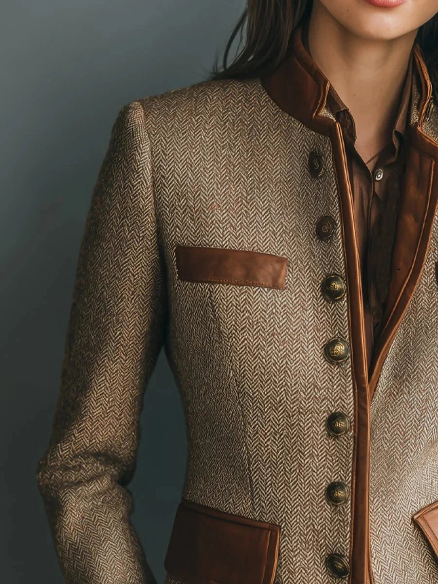 Women's Vintage Herringbone Tweed Jacket with Leather Details