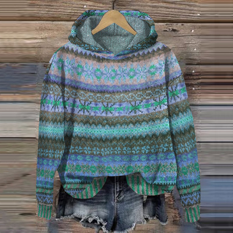 Women's Warm Wool Hooded Sweater - Knitted Wool Hoodie with Ribbed Trim