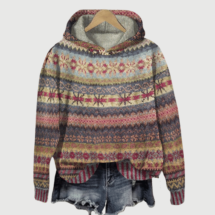 Women's Warm Wool Hooded Sweater - Knitted Wool Hoodie with Ribbed Trim