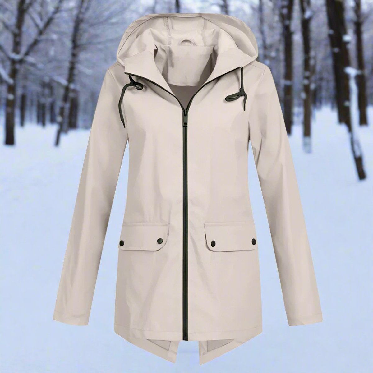 Women's Waterproof Hooded Rain Jacket with Zip Closure, Adjustable Cuffs, and Pockets