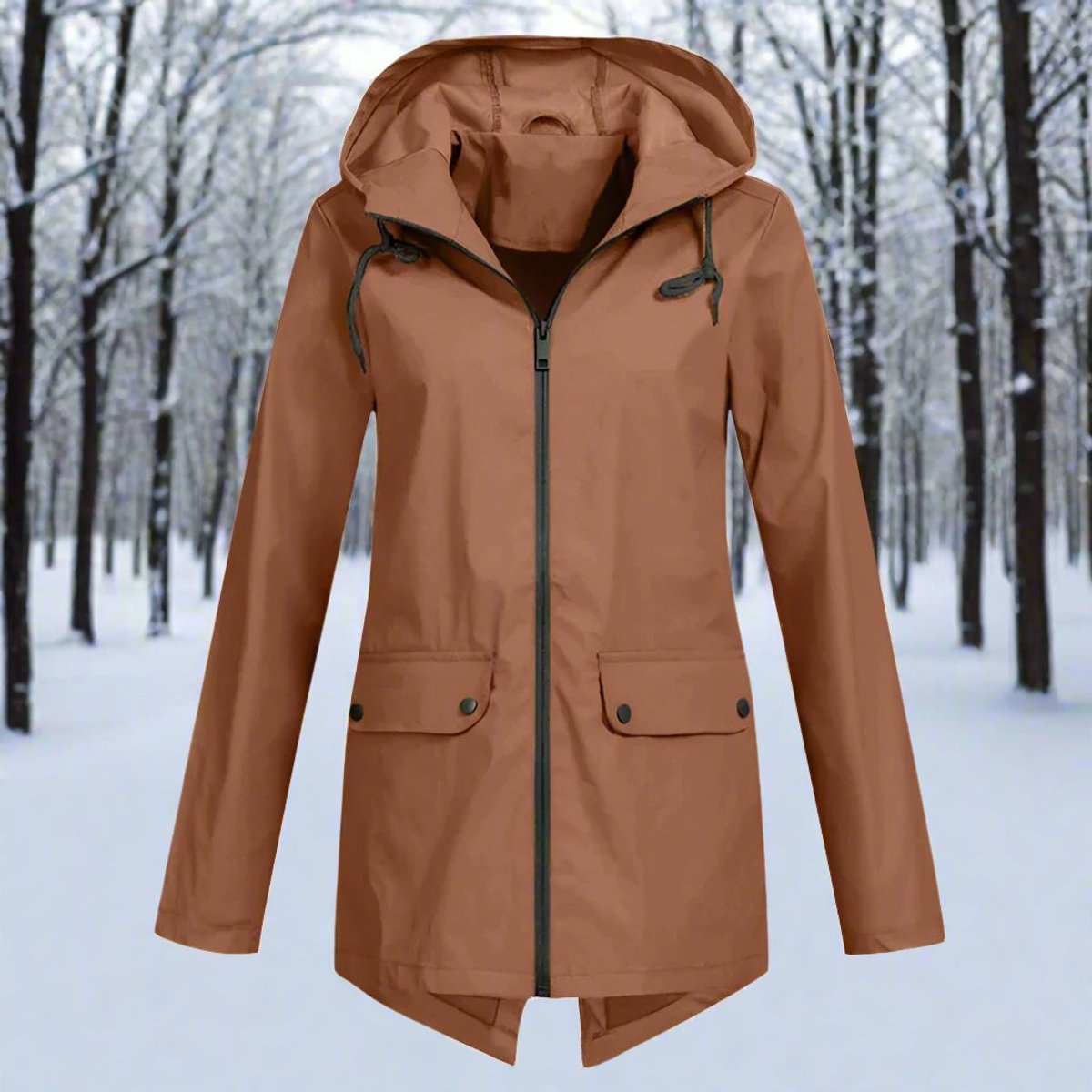 Women's Waterproof Hooded Rain Jacket with Zip Closure, Adjustable Cuffs, and Pockets