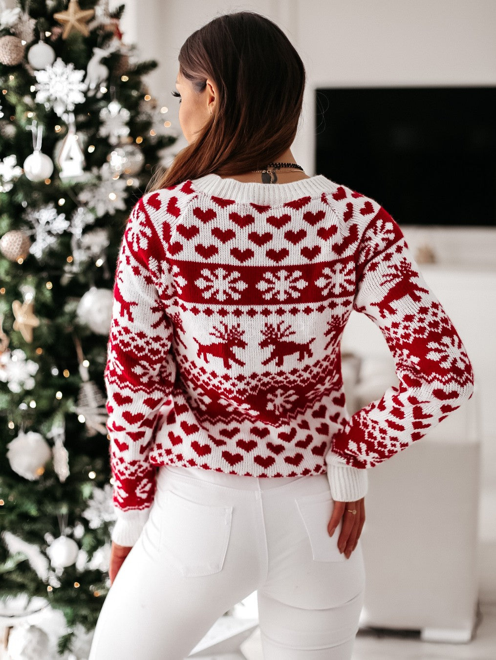 Women's Winter Snowflake and Reindeer Pattern Sweater