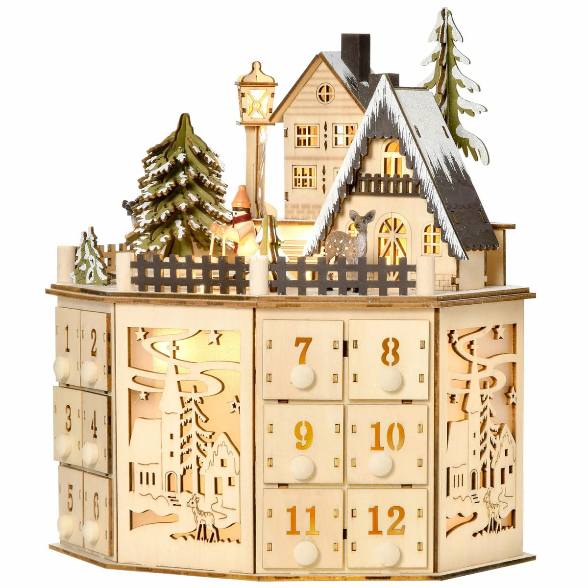 Wooden Advent Calendar – 24 Compartments with Warm LED Light and Christmas Ambiance