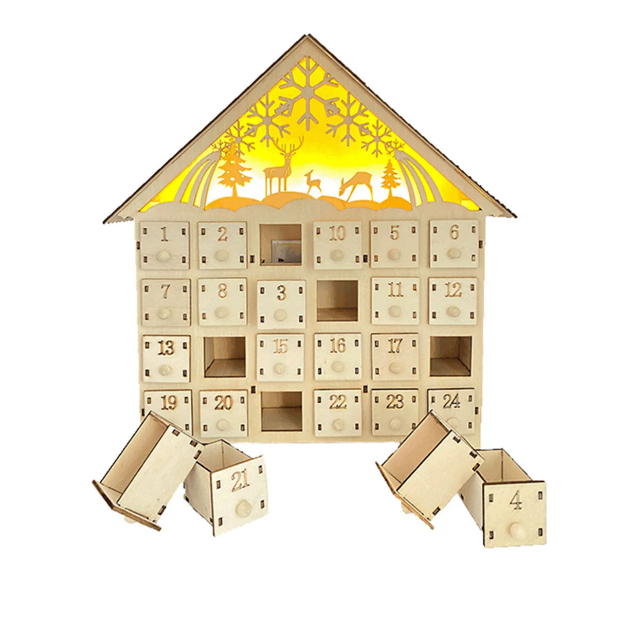 Wooden Advent Calendar – 24 Compartments with Warm LED Light and Christmas Ambiance