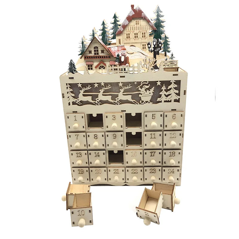 Wooden Advent Calendar – 24 Compartments with Warm LED Light and Christmas Ambiance