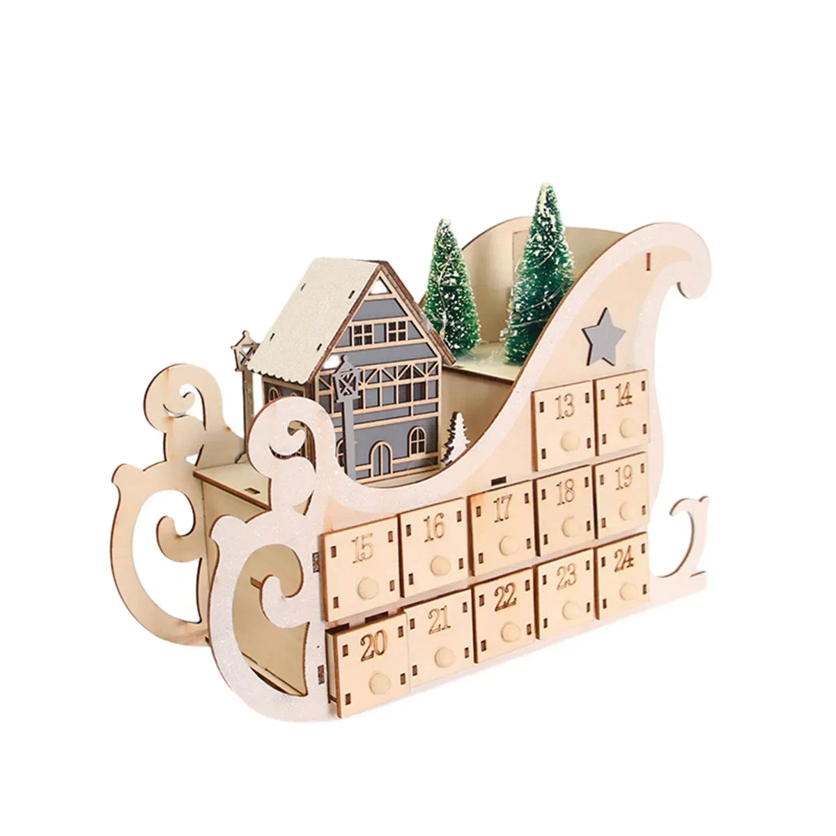Wooden Advent Calendar – 24 Compartments with Warm LED Light and Christmas Ambiance