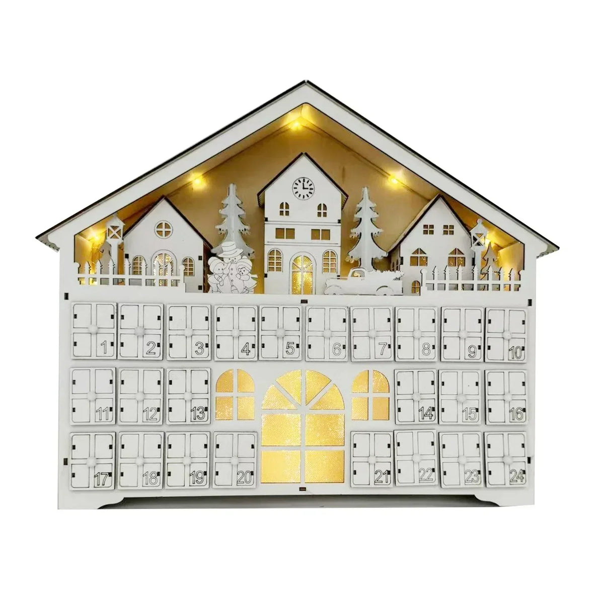 Wooden Advent Calendar – 24 Compartments with Warm LED Light and Christmas Ambiance
