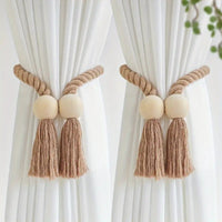 Wooden Bead Curtain Tie Backs - Natural Cotton Rope Tassel - 2 Pcs Set