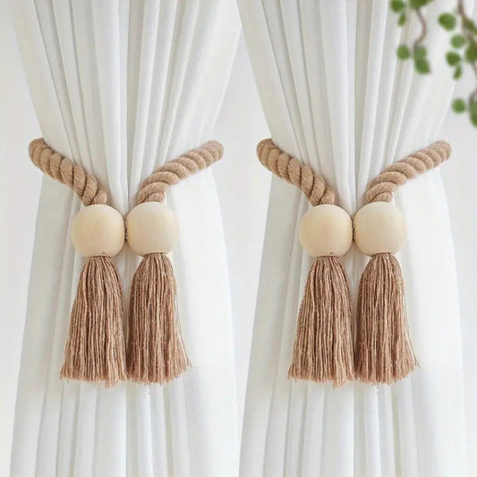 Wooden Bead Curtain Tie Backs - Natural Cotton Rope Tassel - 2 Pcs Set - Image 1